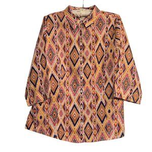 Chico's Linen No Iron Multicolor Abstract 3/4 Sleeve Button Up Tunic Blouse Sz 2